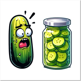 Horrified Cucumber Sees Jar of Sliced Pickles funny design Posters and Art